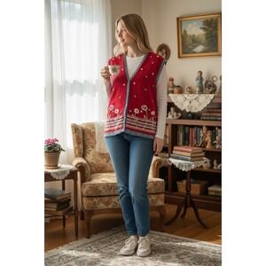 Koret City Blues Sweater Vest Womens M Red Floral Embroidered V-Neck grandmacore